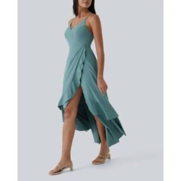 Halara Breezeful Strappy Backless Shirred Midi Assymetriacal Hem Dress Sz XL Blu - Picture 2 of 16